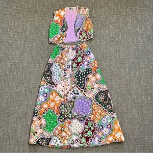 Vintage 1960’s Quilted Coordinating Set Vest & Skirt Pastel Multicolor